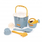 Набор №695: ведро-замок большое №2, ситечко-крепость большое, лопатка №5, грабельки №5, 2 формочки, лейка малая №4 (серо-голубой) арт.74434