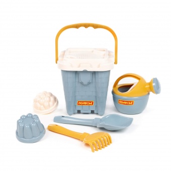 Набор №695: ведро-замок большое №2, ситечко-крепость большое, лопатка №5, грабельки №5, 2 формочки, лейка малая №4 (серо-голубой) арт.74434