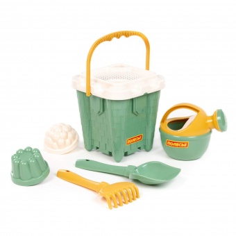 Набор №694: ведро-замок большое №2, ситечко-крепость большое, лопатка №5, грабельки №5, 2 формочки, лейка малая №4 (бледно-зелёный) арт.74427