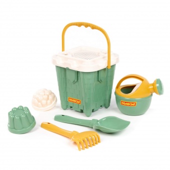 Набор №694: ведро-замок большое №2, ситечко-крепость большое, лопатка №5, грабельки №5, 2 формочки, лейка малая №4 (бледно-зелёный) арт.74427