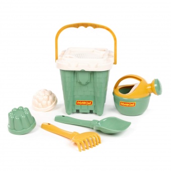 Набор №694: ведро-замок большое №2, ситечко-крепость большое, лопатка №5, грабельки №5, 2 формочки, лейка малая №4 (бледно-зелёный) арт.74427