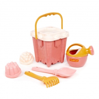 Набор №693: ведро-замок большое №2, ситечко-крепость большое, лопатка №5, грабельки №5, 2 формочки, лейка малая №4 (розовый) арт.74410