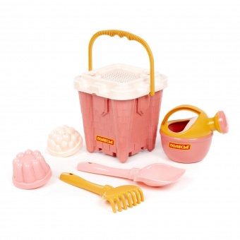 Набор №693: ведро-замок большое №2, ситечко-крепость большое, лопатка №5, грабельки №5, 2 формочки, лейка малая №4 (розовый) арт.74410