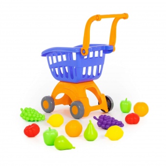 Тележка для маркета "Мини" + набор продуктов №15 (12 элементов) (в сеточке) арт.71392 Полесье