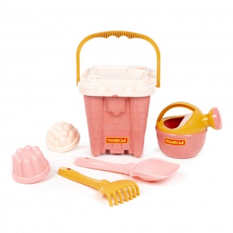 Набор №693: ведро-замок большое №2, ситечко-крепость большое, лопатка №5, грабельки №5, 2 формочки, лейка малая №4 (розовый) арт.74410