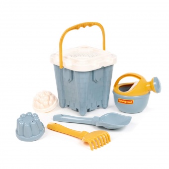Набор №695: ведро-замок большое №2, ситечко-крепость большое, лопатка №5, грабельки №5, 2 формочки, лейка малая №4 (серо-голубой) арт.74434